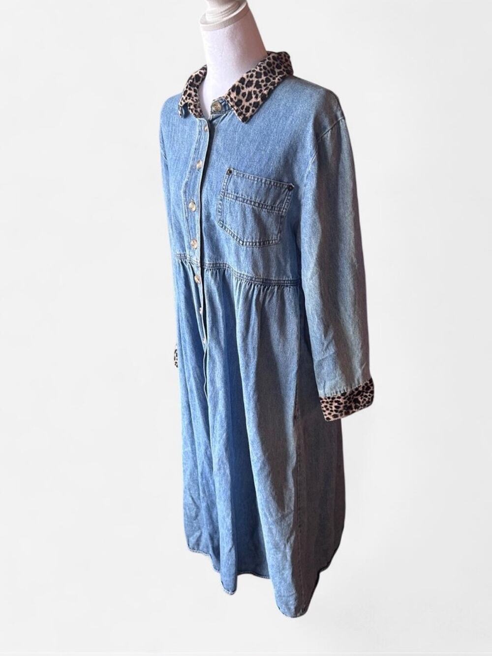 Denim Button-Front Dress with Leopard Trim 12